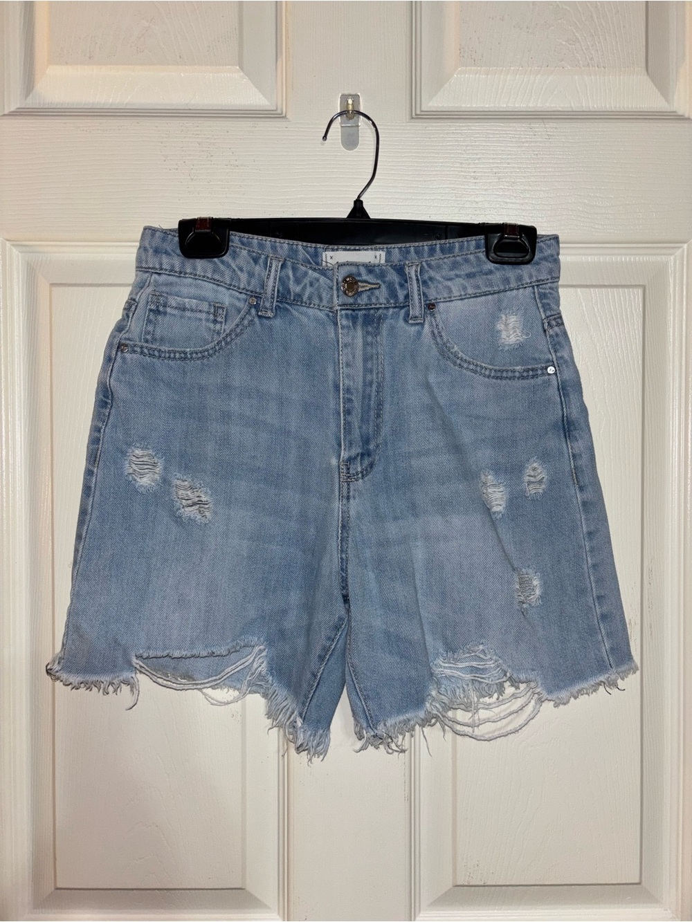 High-Rise Light Blue Distressed Denim Shorts - Women